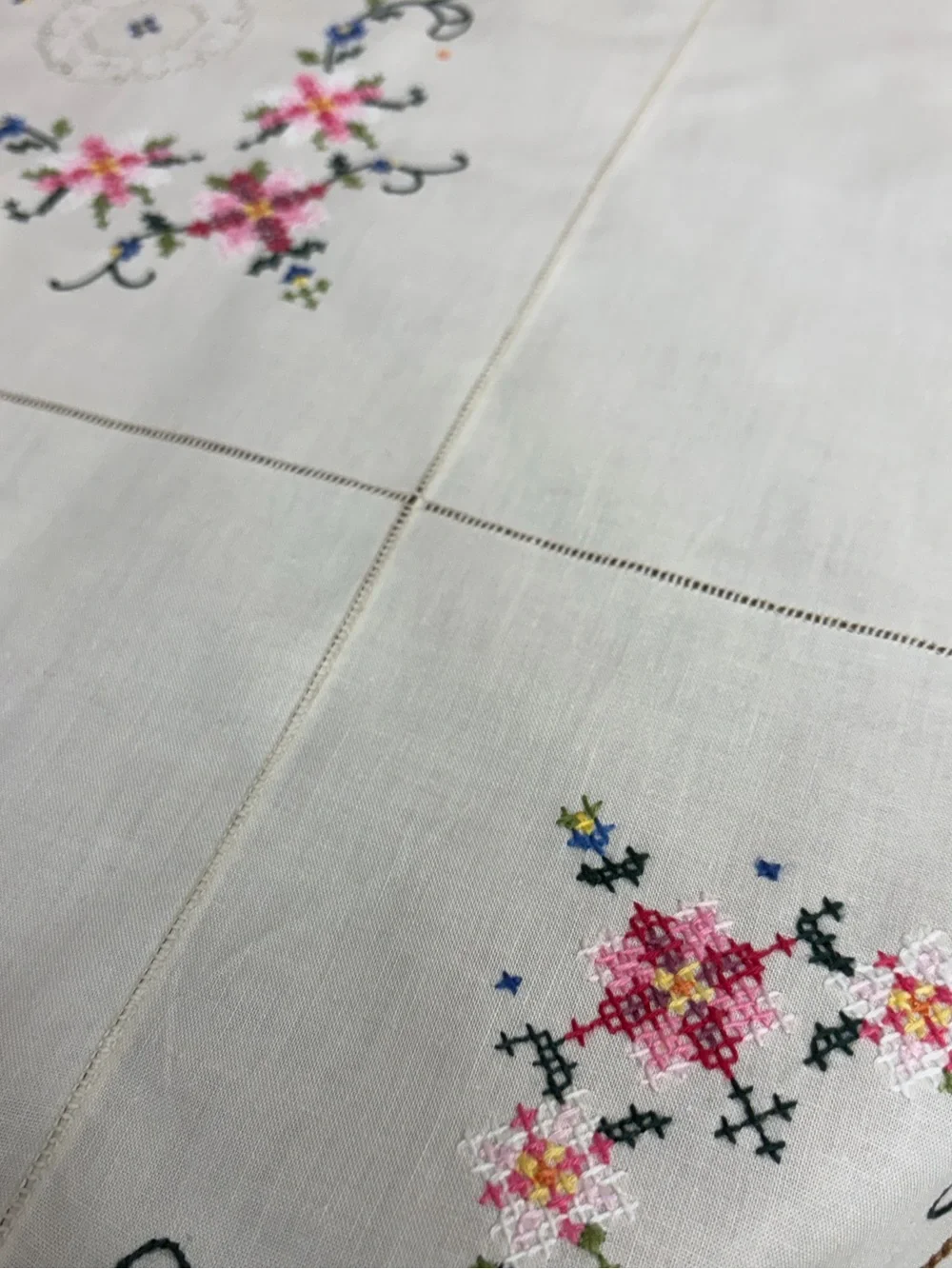 Vintage Hand Embroidered Floral Tablecloth Crochet Lace Linen 41” Square